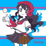  1girl baseball baseball_helmet baseball_mitt black_hair character_name djmax drop_shadow flat_color helmet highres limited_palette melody_(djmax) midriff navel no_nose pleated_skirt pt5_(petako) school_uniform serafuku skirt solo 