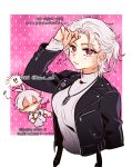  1boy 1girl antenna_hair aohitsugi_samatoki arrow_through_heart black_jacket breasts clutching_chest dual_persona genderswap genderswap_(mtf) grey_hair grey_sweater hypnosis_mic jacket jewelry korean_text large_breasts mixed-language_text necklace pendant polka_dot polka_dot_background red_eyes sweater tianel_ent translation_request turtleneck turtleneck_sweater twitter_username 