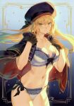  1girl absurdres artoria_caster_(fate) artoria_pendragon_(fate) bangs beret black_gloves blonde_hair bow bow_bra bra breasts capelet cleavage closed_mouth collarbone fate/grand_order fate_(series) gloves gold_trim green_eyes hands_up hat highres holding lingerie long_hair looking_at_viewer mashuu_(neko_no_oyashiro) navel panties ribbon scan simple_background solo stomach thighs underwear 