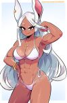  1girl abs absurdres animal_ears arm_up armpits bangs bare_shoulders bikini blush boku_no_hero_academia border bracelet breasts cleavage collarbone contrapposto crescent_necklace dark-skinned_female dark_skin dashi ear_piercing hand_in_own_hair hand_on_hip highres jewelry large_breasts long_eyelashes long_hair looking_at_viewer mirko mole mole_on_arm mole_on_breast mole_on_collarbone mole_on_stomach mole_on_thigh multiple_moles muscular muscular_female navel necklace parted_bangs patreon_username piercing rabbit_ears rabbit_girl raised_eyebrow red_eyes side-tie_bikini_bottom smile stomach swimsuit thighs very_long_hair white_bikini white_border white_hair 