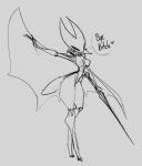  2022 anthro big_breasts big_butt breasts butt cape cape_only clothing female hollow_knight hornet_(hollow_knight) looking_at_viewer mostly_nude mostly_nude_female non-mammal_breasts profanity proxicute sketch small_waist solo team_cherry thick_thighs weapon 