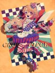  1girl absurdres adapted_costume alternate_costume american_flag american_flag_legwear apron blonde_hair blue_eyes burger character_name clownpiece crescent crescent_hair_ornament decora food garter_straps hair_between_eyes hair_ornament hat heterochromia highres ice_cream long_hair mini_hat neck_ruff open_mouth puffy_short_sleeves puffy_sleeves red_eyes roller_skates short_sleeves single_thighhigh skates socks sokura_(mochichitose) solo teeth thighhighs touhou tray upper_teeth_only waitress yellow_background 