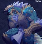  2023 5_fingers abs absurd_res anthro biceps blue_body blue_eyes blue_glow blue_scales bottomwear capcom chest_tuft claws clothed clothing dated facial_spikes fanged_wyvern fansl fingers fur glowing hi_res horn jaw_spikes loincloth looking_at_viewer male monster monster_hunter muscular muscular_anthro muscular_male pecs scales signature solo spikes spikes_(anatomy) teeth topless topless_anthro topless_male tuft white_body white_fur zinogre 