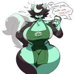  absurd_res anthro areola areola_slip beverage big_breasts breasts cleavage clothed clothing coffee dialogue domestic_cat felid feline felis female fur green_body green_fur hi_res huge_breasts huge_thighs i_mean_breast_milk mammal meme nonarycubed obscured_eyes open_mouth simple_background solo speech_bubble standing tail text thick_thighs unknown_character wide_hips 