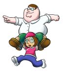  absurdres blue_pants brown_footwear brown_hair docshoddy family_guy glasses green_pants highres mario_&amp;_luigi:_superstar_saga mario_&amp;_luigi_rpg mario_(series) medium_hair meg_griffin pants peter_griffin pink_shirt pointing shirt shoes short_hair simple_background white_background white_footwear white_shirt 