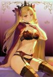  1girl absurdres arm_support bangs blonde_hair bow bow_bra bow_panties bra breasts cape choker cleavage collarbone earrings ereshkigal_(fate) fate/grand_order fate_(series) garter_belt garter_straps gradient_background hair_ornament hand_on_own_chest hand_up highres jewelry lingerie long_hair looking_at_viewer mashuu_(neko_no_oyashiro) medium_breasts navel panties parted_lips red_eyes ribbon scan simple_background sitting solo stomach thighs underwear 