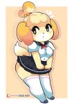  3_fingers absurd_res accessory animal_crossing anthro bell big_breasts black_bottomwear black_clothing black_skirt blush bottomwear breasts canid canine canis clothed clothing digital_media_(artwork) domestic_dog eyelashes female fingers footwear fur hair hair_accessory hair_bell hi_res isabelle_(animal_crossing) knee_highs knee_socks legwear looking_away looking_back mammal nintendo onigiri_punch open_mouth sailor_uniform school_uniform shih_tzu shirt shoes simple_background skirt socks solo tail thick_thighs topwear toy_dog uniform white_body white_clothing white_shirt white_topwear yellow_body yellow_fur 