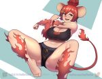  1girl :d absurdres animal_ears black_tank_top breasts commission fiery_tail fire gad_the_god hair_ornament hairclip highres hinezumi_(monster_girl_encyclopedia) large_breasts micro_shorts midriff monster_girl_encyclopedia mouse_ears mouse_girl mouse_tail multicolored_eyes navel open_clothes open_mouth original red_eyes red_hair shorts smile solo stretching tail tank_top thighs yellow_eyes 