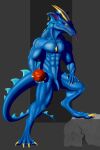  absurd_res anthro athletic blue_body blue_skin crystal_ball dragon genitals hi_res horn jewelry male muscular ossian penis simple_background solo tail voka-art yellow_eyes 