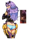  1girl 3amsoda absurdres armor ass boots butt_crack camilla_(fire_emblem) crossed_arms english_commentary expressionless fake_horns fire_emblem fire_emblem_fates from_behind greaves highres horns long_hair looking_to_the_side panties print_panties purple_eyes purple_footwear purple_hair reference_inset screencap_inset simple_background solo striped striped_panties thigh_boots underwear vertical-striped_panties vertical_stripes white_background 