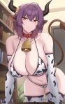  1girl absurdres animal_ears arknights bangs bell book bookshelf breasts collarbone cow_ears cow_girl cow_tail elbow_gloves gloves highres horns indoors kanta_(kanta_077) large_breasts navel neck_bell purple_hair short_hair sideroca_(arknights) solo sweat tail thighs yellow_eyes 