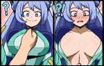  !? 1boy 1girl ? blue_eyes blue_hair blush bodysuit boku_no_hero_academia breasts breasts_apart bright_pupils closed_mouth hadou_nejire headgear highres long_hair mark_gavatino multiple_views open_mouth smile solo_focus split_mouth sweat unzipped upper_body 