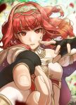  1girl armor armored_dress bangs black_gloves blood breastplate cape celica_(fire_emblem) commentary dress earrings english_commentary fingerless_gloves fingernails fire_emblem fire_emblem_echoes:_shadows_of_valentia floating_hair gloves highres holding holding_weapon jewelry lips long_hair looking_at_viewer maze_draws orange_eyes orange_hair parted_lips pink_lips pov reaching_towards_viewer solo twitter_username weapon white_dress 