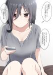  1girl :| arm_support bags_under_eyes black_hair breasts cellphone cleavage closed_mouth collarbone expressionless hair_between_eyes highres holding holding_phone ikari_manatsu looking_at_phone original phone red_eyes shirt sitting smartphone solo t-shirt 