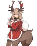  1girl animal_ears antlers belt blue_eyes blush brown_gloves carrying_over_shoulder centaur cowboy_shot dirty dirty_clothes gloves lansane original red_ribbon reindeer_antlers reindeer_girl ribbon sack santa_costume short_hair simple_background smile solo sweater taur turtleneck turtleneck_sweater white_background 