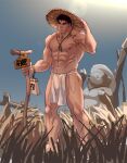  1boy abs alternate_costume bara black_hair bulge feet_out_of_frame grass hat highres loincloth looking_to_the_side male_focus multiple_sources muscular muscular_male navel nipples outdoors pectorals ryu_(street_fighter) short_hair solo standing stomach straw_hat street_fighter sunlight sweat thick_eyebrows thighs topless_male translation_request yuiofire 