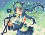  1girl aqua_eyes aqua_hair aqua_necktie black_sleeves blue_necktie blue_skirt bug butterfly commentary detached_sleeves english_commentary hatsune_miku heart holding holding_microphone_stand long_hair makorie microphone_stand necktie pixel_art pleated_skirt shirt skirt sleeveless sleeveless_shirt smile solo speech_bubble vocaloid 