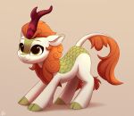  2023 asian_mythology autumn_blaze_(mlp) chinese_mythology cloven_hooves digital_media_(artwork) east_asian_mythology eyebrows female feral friendship_is_magic green_body green_scales hasbro hi_res hooves horn kirin leg_tuft luminousdazzle my_little_pony mythology red_horn scales smile solo tan_body tuft yellow_eyes 