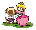  1boy 1girl blonde_hair blue_eyes bow bowtie cane crown docshoddy dress earrings elbow_gloves facial_hair glasses gloves highres jewelry mario_(series) mustache on_grass open_mouth pink_dress princess_peach purple_vest red_bow red_bowtie simple_background toadsworth vest white_background white_gloves 