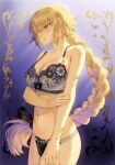  1girl absurdres bangs bare_arms bare_shoulders blonde_hair blue_eyes blush bow bow_bra bow_panties bra braid breasts cleavage collarbone fate/apocrypha fate/grand_order fate_(series) hair_bow hair_ornament highres jeanne_d&#039;arc_(fate) lingerie long_hair mashuu_(neko_no_oyashiro) medium_breasts navel panties parted_lips ribbon scan simple_background single_braid solo stomach thighs underwear 
