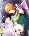  2boys black_headwear clenched_hand closed_eyes coat crane_game fingernails hair_over_one_eye hand_on_another&#039;s_shoulder hat idolmaster idolmaster_side-m idolmaster_side-m_growing_stars indoors kabuto_daigo long_sleeves male_focus multiple_boys official_art orange_hair palms pink_hair scarf smile stuffed_mushroom stuffed_toy teeth tsukumo_kazuki 