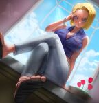  1girl absurdres android_18 arm_support blonde_hair blue_eyes blue_sky blue_vest bracelet breasts cleavage cloud crossed_legs dragon_ball dragon_ball_z earrings elite_nappa feet finger_on_forehead flower highres index_finger_raised indoors jewelry large_breasts looking_at_viewer pants parted_lips red_flower sandals shade short_hair sitting sky solo sunlight toenails toes vest white_pants window 