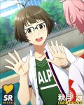  2boys akizuki_ryo bangs brown_eyes brown_hair buttons character_name collared_shirt glasses green_shirt hands_up idolmaster idolmaster_side-m idolmaster_side-m_growing_stars kabuto_daigo male_focus multiple_boys official_art open_clothes open_mouth open_shirt out_of_frame palms pink_hair print_shirt shirt short_sleeves smile teeth upper_teeth_only watch 