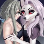  2023 absurd_res anthro black_body black_bra black_clothing black_fur black_nose black_underwear bra breasts canid canid_demon canine canis clothing demon demongirl_demoness digital_drawing_(artwork) digital_media_(artwork) duo eyebrows female fur genshin_impact grey_hair guizhong_(genshin_impact) hair hellhound helluva_boss hi_res human loona_(helluva_boss) mammal mihoyo multicolored_body multicolored_fur red_sclera underwear white_body white_fur wolf 