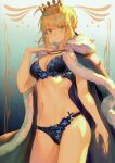  1girl absurdres ahoge artoria_pendragon_(fate) bangs blonde_hair bow bow_panties bra braid breasts cape cleavage crown fate/grand_order fate_(series) fingernails floral_print french_braid fur_trim gradient_background green_eyes hair_ornament hand_on_own_chest hand_up highres lingerie looking_at_viewer mashuu_(neko_no_oyashiro) medium_breasts mini_crown navel panties saber scan simple_background solo stomach thighs underwear 