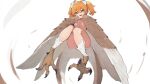  1girl breasts brown_feathers brown_wings convenient_leg feathered_wings feathers full_body green_eyes hair_between_eyes harpy lansane looking_at_viewer monster_girl original short_twintails simple_background small_breasts solo talons twintails white_background winged_arms wings 