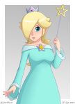  1girl aqua_dress aqua_eyes artist_name blonde_hair blue_dress border breasts collarbone crown dated dress earrings hair_over_one_eye highres holding holding_wand jewelry keyboard-draws long_hair long_sleeves mario_(series) off-shoulder_dress off_shoulder pink_nails rosalina star_(symbol) star_earrings star_wand wand white_border 