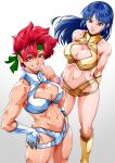  2girls arms_behind_back bandana blue_hair boots breasts cleavage covered_nipples dirty_pair earrings fingerless_gloves from_above gloves green_bandana grin hands_on_hips highres ikumo_taisuke jewelry kei_(dirty_pair) legs long_hair looking_at_viewer mixed-language_commentary multiple_girls navel orange_eyes red_hair short_hair simple_background single_glove smile teeth white_background yellow_footwear yuri_(dirty_pair) 
