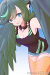  1girl absurdres animal_ears artist_name asekeu bangs bare_shoulders bird_legs black_tank_top blue_shorts breasts cat_ears choker cleavage commentary commission english_commentary feathers green_eyes green_feathers green_hair green_wings harpy highres long_hair looking_at_viewer monster_girl open_mouth original pov quill_(asekeu) shorts small_breasts smile solo spiked_choker spikes tank_top winged_arms wings 
