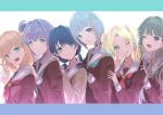  6+girls bangs black_gloves black_hair blonde_hair blue_eyes brown_hair collar collarbone colored_inner_hair commentary fujishima_megumi gloves green_eyes grey_hair hinoshita_kaho link!_like!_love_live! long_hair looking_at_viewer love_live! low_twintails medium_hair multicolored_hair multiple_girls murano_sayaka one_eye_closed orange_hair osawa_rurino otomune_kozue purple_eyes purple_hair red_eyes red_hair school_uniform short_hair side_ponytail sidelocks smile symbol-only_commentary tongue tongue_out twintails upper_body v yanase_eiwa yugiri_tsuzuri 