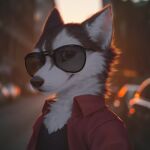  2023 anthro blurred_background brown_body brown_fur canid canine canis clothed clothing digital_media_(artwork) domestic_dog eyewear fluffy fur hi_res husky looking_at_viewer mammal nordic_sled_dog outside shirt solo spitz sunglasses topwear waynlag white_body white_fur 