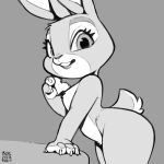  anthro arm_support buckteeth butt disney female judy_hopps lagomorph leporid looking_at_viewer mammal monochrome nude rabbit short_tail solo tail teeth xylas zootopia 