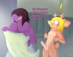  absurd_res anthro antlers bingbingo_(artist) blonde_hair blush brown_hair buckteeth clenched_teeth crossgender deer deltarune dialogue dinosaur duo embarrassed embarrassed_nude_male exclamation_point exposed freckles ftm_crossgender fur genitals hair hair_over_eyes hi_res holding_object holding_towel horn locker_room male mammal navel nipples noelle_holiday nude overweight penis purple_body red_nose reptile scalie signature skinny steam surprised_expression susie_(deltarune) teeth text towel towel_around_waist undertale_(series) wet wet_body wet_fur wet_hair wide_eyed yellow_teeth 