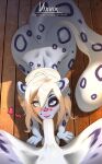  &lt;3 2022 all_fours anthro ashlocke_(nukepone) blonde_hair blue_eyes blush butt duo felid fellatio female first_person_view freckles_(nukepone) hair hi_res male male/female mammal on_ground oral pantherine penile sex snow_leopard vixvixart 