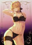  1girl absurdres artoria_pendragon_(fate) bangs bare_shoulders blonde_hair bow bra braid breasts choker closed_mouth collarbone fate/grand_order fate_(series) french_braid frills garter_straps gradient_background hair_bow hair_ornament hand_up highres lingerie looking_at_viewer mashuu_(neko_no_oyashiro) medium_breasts navel panties saber_alter scan sidelocks simple_background solo stomach thighs underwear yellow_eyes 