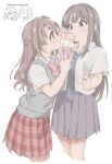  2girls baskin-robbins black_hair bow brown_eyes brown_hair collared_shirt cropped_legs food green_eyes highres holding holding_food holding_ice_cream ice_cream idolmaster idolmaster_cinderella_girls long_hair multiple_girls nanonin necktie plaid school_uniform sharing_food shibuya_rin shimamura_uzuki shirt skirt sweater_vest 