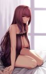  1boy 1girl babydoll backlighting bangs bare_shoulders breasts collarbone curtains fate/grand_order fate_(series) hair_between_eyes highres holding_hands large_areolae large_breasts long_hair looking_at_viewer lun7732 nipple_slip nipples puffy_nipples purple_hair red_eyes scathach_(fate) smile solo_focus thighs window 