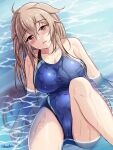  1girl breasts brown_eyes competition_swimsuit gradient_hair hair_flaps heterochromia highres kantai_collection large_breasts light_brown_hair montemasa multicolored_hair murasame_(kancolle) murasame_kai_ni_(kancolle) ocean one-piece_swimsuit open_mouth outdoors partially_submerged red_eyes solo swimsuit two_side_up water 