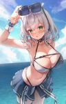  1girl 29hyeon :o absurdres armpits bangs bikini blush breasts chest_strap cleavage eyewear_on_head front-tie_bikini_top front-tie_top green_eyes grey_hair highres holding holding_eyewear hololive large_breasts looking_at_viewer medium_hair mole mole_on_breast navel outdoors shirogane_noel skirt sky solo swimsuit thigh_strap virtual_youtuber wavy_hair wet 