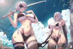  2girls arttoru ass_visible_through_thighs bikini black_blindfold black_gloves blindfold blue_eyes blue_sky breasts elbow_gloves facing_viewer finger_to_own_chin gloves hair_over_one_eye holding holding_sword holding_weapon katana large_breasts leaf long_hair mole mole_under_mouth multiple_girls navel nier:automata nier_(series) nipples short_hair sky standing sun swimsuit sword thighhighs weapon white_hair yorha_no._2_type_b yorha_type_a_no._2 
