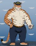  anthro ari_guardian ash_(coach_frost) clothed clothing digital_drawing_(artwork) digital_media_(artwork) felid green_eyes male mammal nipples overweight overweight_male pantherine pilot simple_background solo stripes tiger 