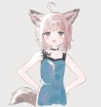 1girl ahoge animal_ear_fluff animal_ears arknights bangs bare_arms bare_shoulders black_choker blue_dress blue_eyes blush_stickers brown_hair choker collarbone cropped_torso dress eyebrows_hidden_by_hair fox_ears fox_girl fox_tail grey_background hands_on_hips highres looking_at_viewer nprmtp open_mouth oripathy_lesion_(arknights) simple_background sleeveless sleeveless_dress solo sussurro_(arknights) sweat tail teeth upper_body upper_teeth_only 