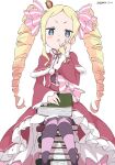  1girl absurdres beatrice_(re:zero) blonde_hair blue_eyes blush_stickers book capelet crown dress drill_hair feet_out_of_frame hair_ribbon highres long_hair looking_at_viewer re:zero_kara_hajimeru_isekai_seikatsu red_dress ribbon sidelocks simple_background sitting solo striped striped_thighhighs symbol-shaped_pupils thighhighs twin_drills white_background white_gorilla_(okamoto) 