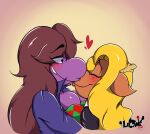  &lt;3 2018 anthro antlers blonde_hair blush breast_squish breasts breasts_frottage brown_body brown_hair clothing deltarune digital_drawing_(artwork) digital_media_(artwork) dinosaur duo ears_down eyes_closed female female/female gothstoat hair horn interspecies kiss_on_lips kissing looking_at_another noelle_holiday pivoted_ears purple_body purple_eyes reptile scalie side_view smile squish susie_(deltarune) tongue tongue_out topwear undertale_(series) 