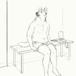  2019 anthro belly bench briefs briefs_only canid canine canis cettus clothed clothing ear_piercing inside looking_up male mammal maned_wolf piercing sitting sketch slightly_chubby slightly_chubby_anthro slightly_chubby_male solo topless underwear underwear_only wolf 