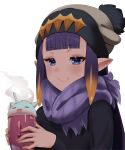  1girl alternate_costume bangs beanie black_shirt blunt_bangs blush closed_mouth commentary cup drinking_straw english_commentary gradient_hair hat headpiece highres holding holding_cup hololive hololive_english long_sleeves looking_at_viewer multicolored_hair nano_(nanojyaa) ninomae_ina&#039;nis orange_hair pointy_ears portrait purple_eyes purple_hair purple_scarf scarf shirt simple_background smirk smug solo steam takodachi_(ninomae_ina&#039;nis) tentacle_hair two-tone_hair virtual_youtuber white_background winter_clothes 